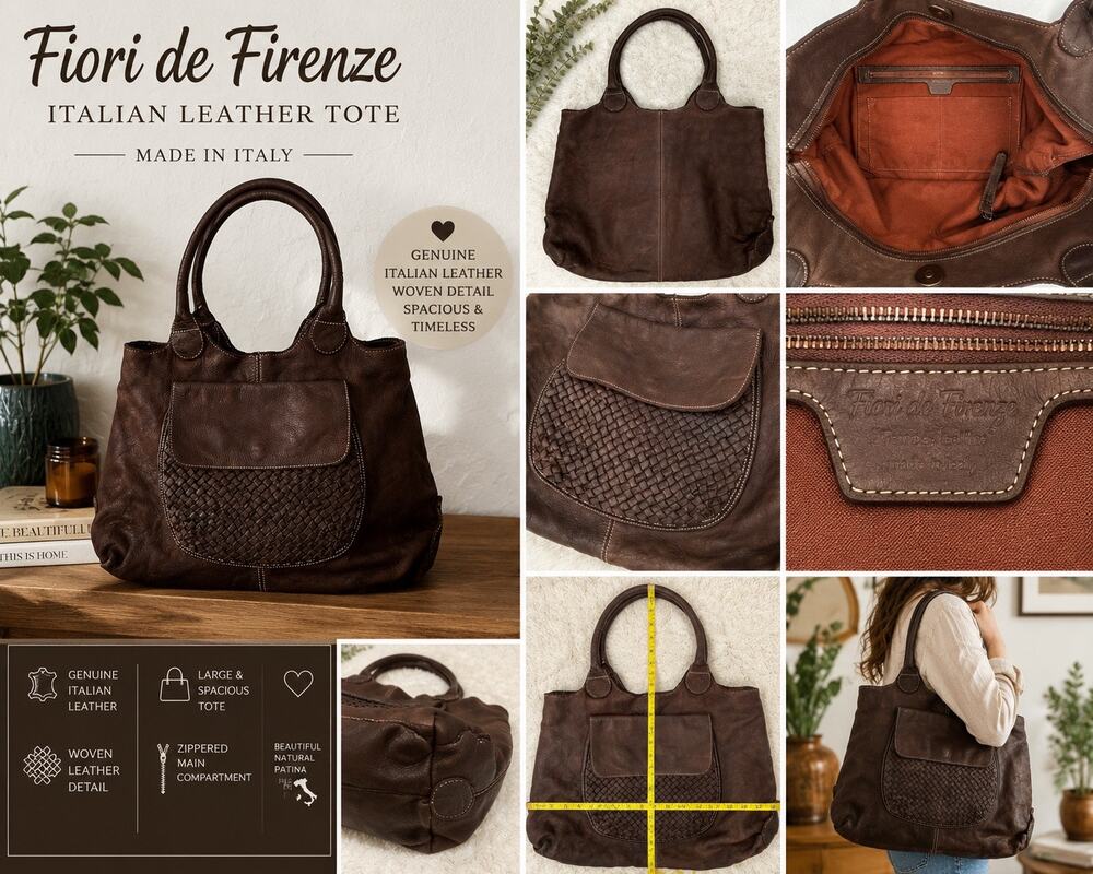 Fiori de Firenze Italian Leather Tote Brown Woven Shoulder Bag Lg Made in Italy